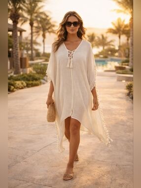 NWT Walter Baker Acapulco Kaftan Ivory Gauze Tassel Cover Up One Size Resort